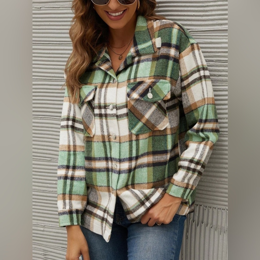 Miss Sparkling Plaid Button-Up Jacket Green Mint and Brown size large